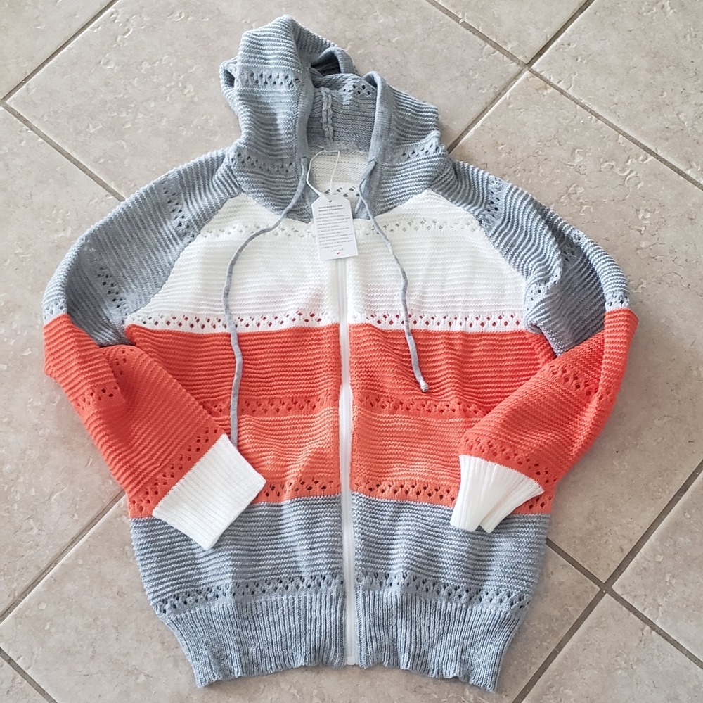 Striped Hooded Knit Zip Sweater - Coral, White & Light Gray